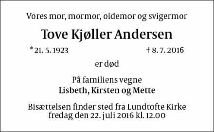 Dødsannoncen for Tove Kjøller Andersen - Kgs. Lyngby