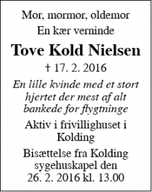 Dødsannoncen for Tove Kold Nielsen - Kolding