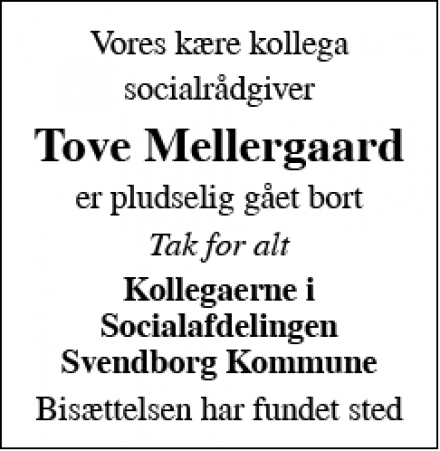 Dødsannoncen for Tove Mellergaard - Odense