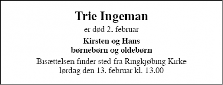 Dødsannoncen for Trie Ingemann - Ringkøbing