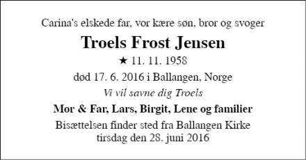 Dødsannoncen for Troels Frost Jensen - Brørup