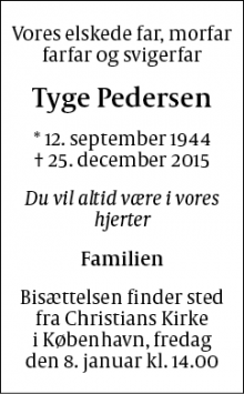 Dødsannoncen for Tyge Pedersen - København