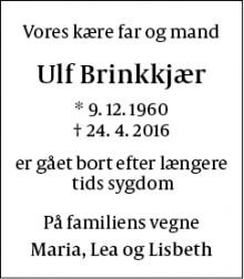 Dødsannoncen for Ulf Brinkkjær - København 
