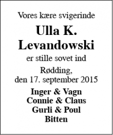 Dødsannoncen for Ulla K. Levandowski - Rødding