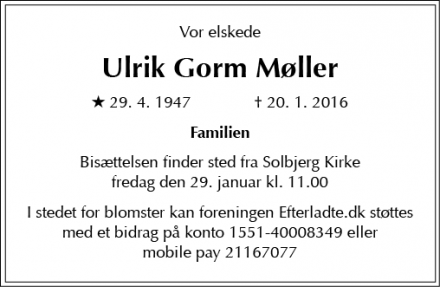Dødsannoncen for Ulrik Gorm Møller  - Frederiksberg 