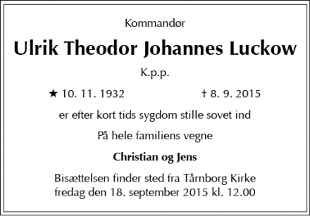 Dødsannoncen for Ulrik Theodor Johannes Luckow - Korsør