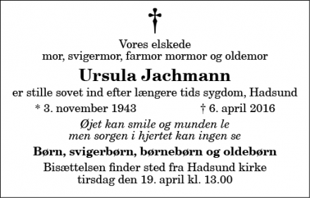 Dødsannoncen for Ursula Jachmann - Hadsund