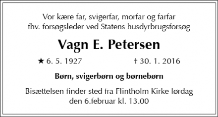 Dødsannoncen for Vagn E. Petersen - 2000 Frederiksberg
