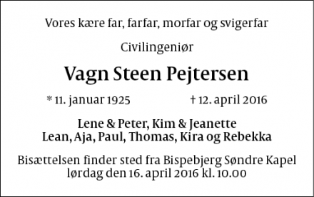 Dødsannoncen for Vagn Steen Pejtersen - København