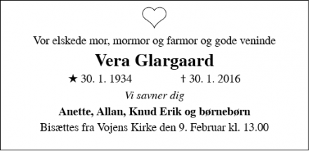 Dødsannoncen for Vera Glargaard - Vojens