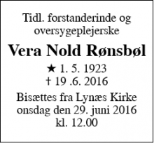 Dødsannoncen for Vera Nold Rønsbøl - Lynæs, Hundested