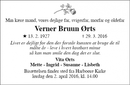 Dødsannoncen for Verner Bruun Ørts - Harboøre