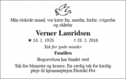 Dødsannoncen for Verner Lauridsen - Holstebro