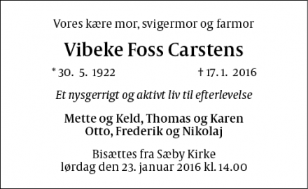 Dødsannoncen for Vibeke Foss Carstens - 9300 Sæby