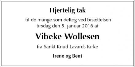 Dødsannoncen for Vibeke Wollesen  - Nærum