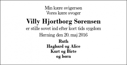 Dødsannoncen for Villy Hjortborg Sørensen - Videbæk