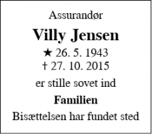 Dødsannoncen for VIlly Jensen - Nykøbing Falster