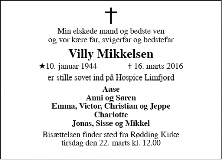 Dødsannoncen for Villy Mikkelsen - Rødding