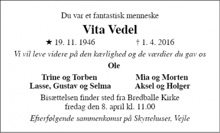 Dødsannoncen for Vita Vedel - 7120 Vejle ø