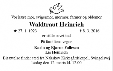 Dødsannoncen for Waldtraut Heinrich - Nakskov