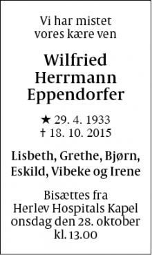 Dødsannoncen for Wilfried Herrmann Eppendorfer - Rødovre