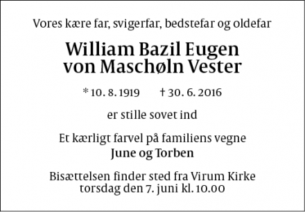 Dødsannoncen for William Bazil Eugen von Maschøln Vester - Farum