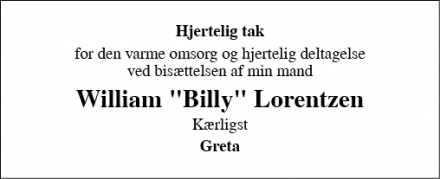 Dødsannoncen for William "Billy" Lorentzen - Søborg