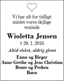 Dødsannoncen for Wioletta Jensen - Bording