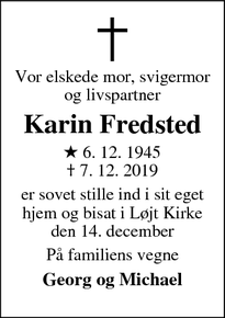 Dødsannoncen for Karin Fredsted - Løjt Kirkeby