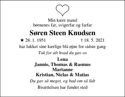 Dødsannoncen for Søren Steen Knudsen - Aabenraa