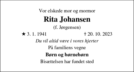 Dødsannoncen for Rita Johansen - Bolderslev