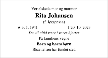 Dødsannoncen for Rita Johansen - Bolderslev