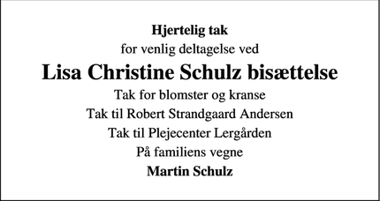 Dødsannoncen for Lisa Christine Schulz bisættelse - Aabenraa