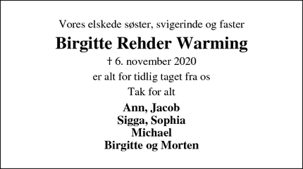 Dødsannoncen for Birgitte Rehder Warming - Vester Hornum