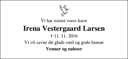 Dødsannoncen for Irena Vestergaard Larsen - Aars