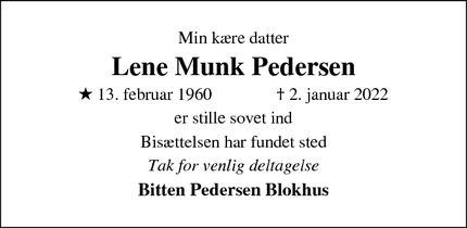 Dødsannoncen for Lene Munk Pedersen - Ålborg