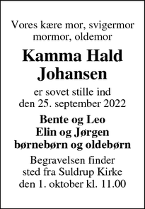 Dødsannoncen for Kamma Hald Johansen - Suldrup