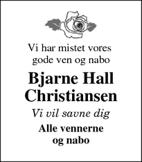 Dødsannoncen for Bjarne Hall Christiansen - Ø.Oustrup Aars