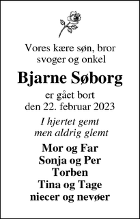 Dødsannoncen for Bjarne Søborg - Aars