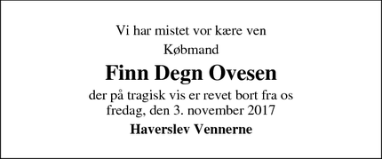 Dødsannoncen for Finn Degn Ovesen - Haverslev