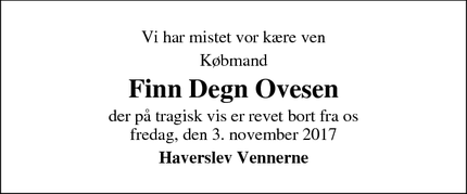 Dødsannoncen for Finn Degn Ovesen - Haverslev