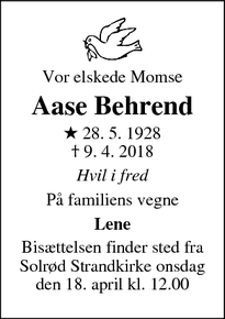Dødsannoncen for  Aase Behrend - Solrød Strand