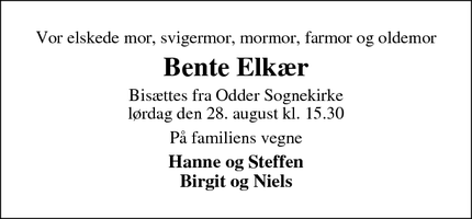Dødsannoncen for Bente Elkær - Ugelbølle