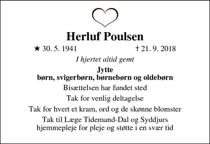 Dødsannoncen for Herluf Poulsen - Mørke