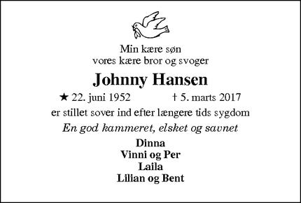 Dødsannoncen for Johnny Hansen - Hornslet