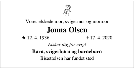 Dødsannoncen for Jonna Olsen - Albertslund