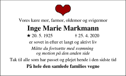 Dødsannoncen for Inge Marie Markmann - Albertslund