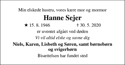 Dødsannoncen for Hanne Sejer - Vallensbæk