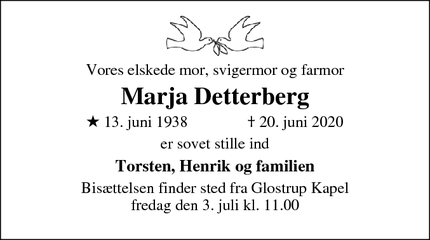 Dødsannoncen for Marja Detterberg - Albertslund