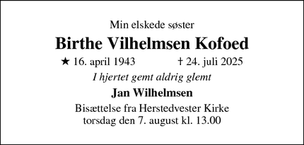 Dødsannoncen for Birthe Vilhelmsen Kofoed - København S